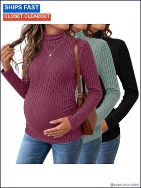 Maternity Turtleneck Ribbed Sweaters Long Sleeve Ruched Pregnancy Shirts 3 Pack